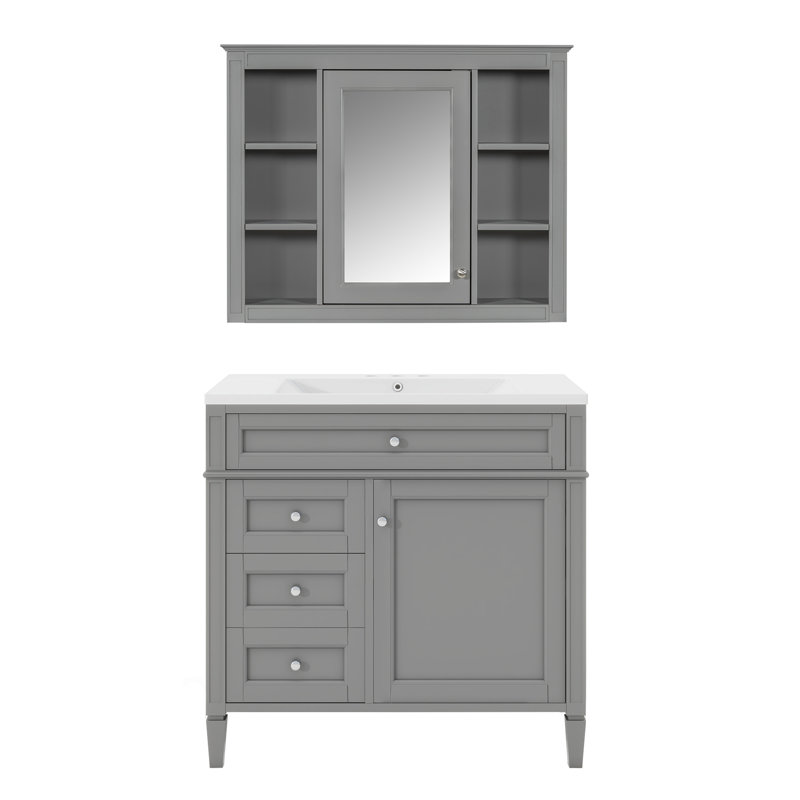 »Meuble-lavabo moderne avec armoire à pharmacie, portes à fermeture douce, 4 tiroirs, solution de rangement pour lavabo simple