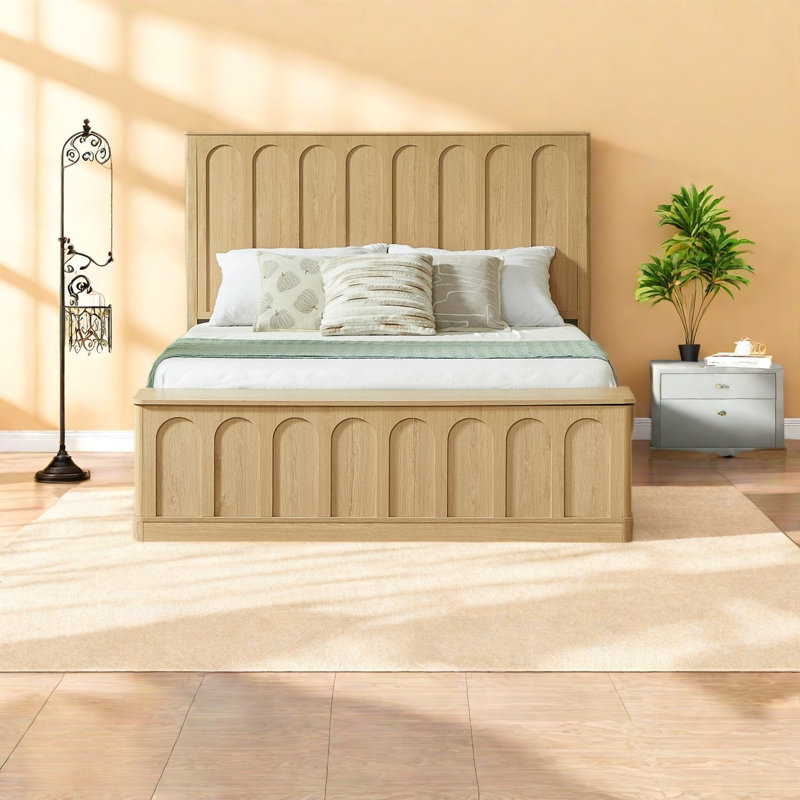 Lit Queen avec rangement, plateforme moderne en MDF et bois de chêne pour chambre à coucher, Brun 2