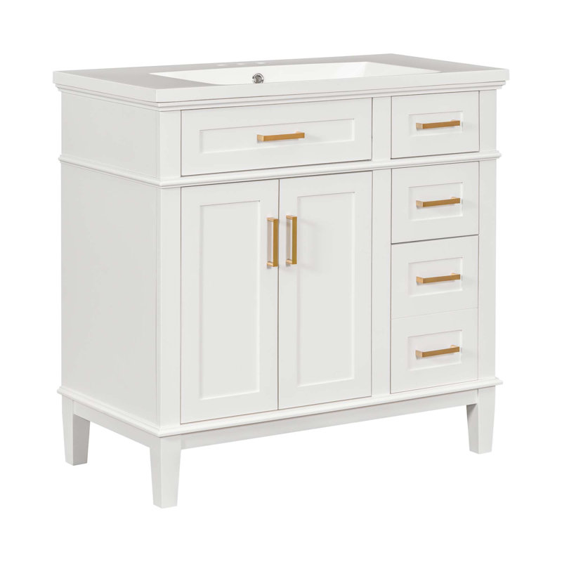 Meuble-lavabo moderne avec lavabo en résine, 2 portes à fermeture douce et 4 tiroirs, Blanc
