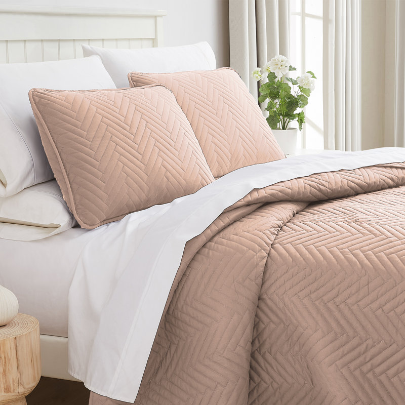 Ensemble de courtepointe légère surdimensionnée en microfibre prélavée à chevrons, Rose poussière
