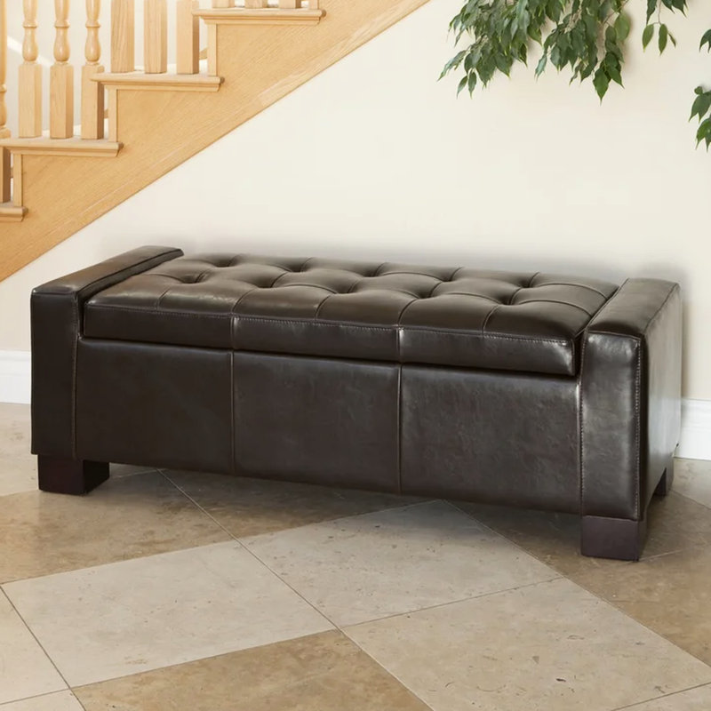 Banc brun avec capitonnage. Offre un grand espace de rangement pour les oreillers, couvertures et articles pour animaux de compagnie. Comprend une charnière pressurisée à ouverture douce. Assemblage requis. 50,75 po x 20 po 17 po - Brun. Le détail rehausse le style.