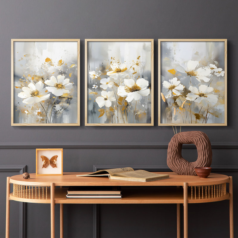 Étude florale CXLII -Set de 3 estampes numériques giclées -Prêt à accrocher, Encadré naturel, H 20 po x l 16 po