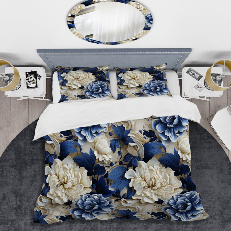 Literie à motif de feuillage victorien bleu cobalt III, Housse de couette pour grand lit et 2 taies décor