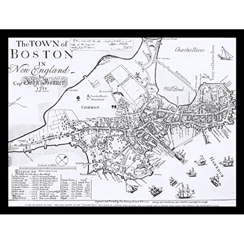 Carte de Boston 1722-impression sur papier encadrée de capitaine John Bonner & apos
