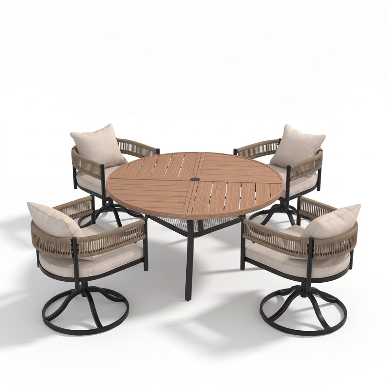 Ensemble repas extérieur pour 4 personnes avec chaises pivotantes en osier, Noyer / beige