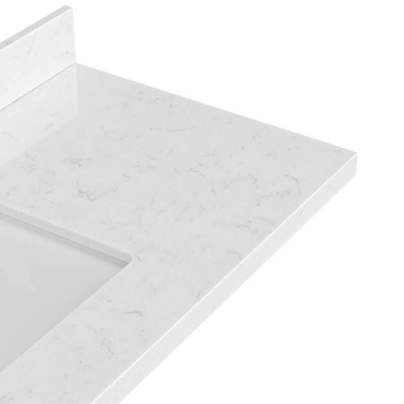 Comptoir de meuble-lavabo en quartz blanc Carrara de 48 po Ariel avec rebord à onglet de 1,5 po d'épaisseur avec lavabo simple rectangulaire et dosseret inclus