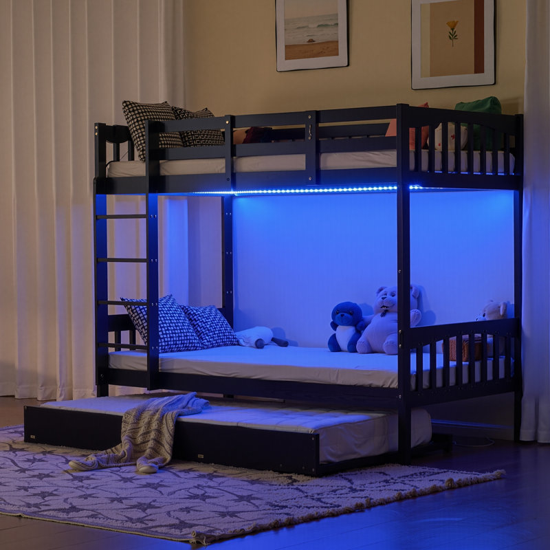 Twin Over Twin Wood Bunk Bed With RGB LED Light,USB Port Charging Station And Guardrail ,Trundle Bed,Reversible Ladder, Black