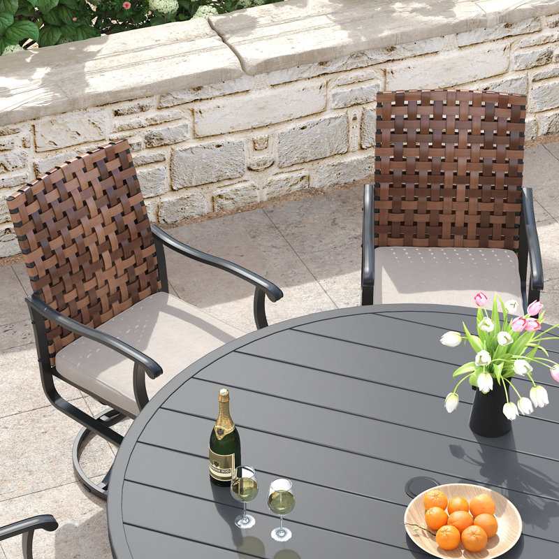 6-Person Round Outdoor Dining Set with 53" Dining Table and 6 Swivel PE Rattan Chairs & Cushions, Gray