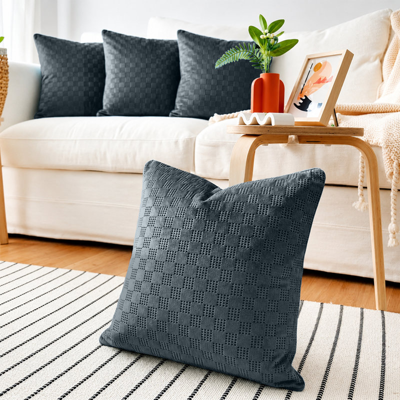 Luxury Check Velvet Cushion Covers Set Of 4 Soft Throw cases , Navy