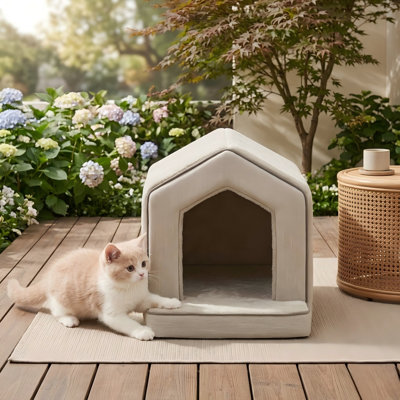 Orthopedic Cat Bed Cave for Indoor Cats & Small Dogs, Super Soft Covered Condo, Cube Hideaway, Beige, 18"L x 15"W x 17"H