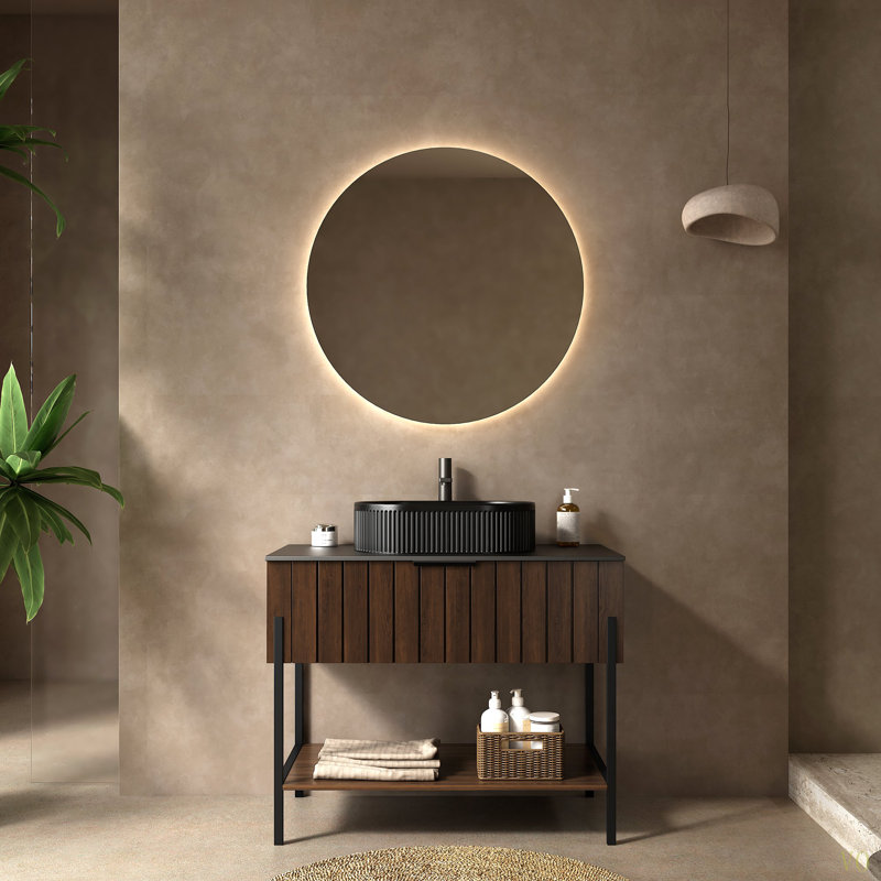 Meuble-lavabo de salle de bain 36 po avec lavabo, armoire de rangement autoportante rayée avec tiroir et structure de support en métal, tablette ouverte, lavabo en céramique