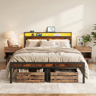 Bed Frame With Storage Headboard And Charging Station, Led Lights, Strong Metal Slat Support, No Box Spring Needed