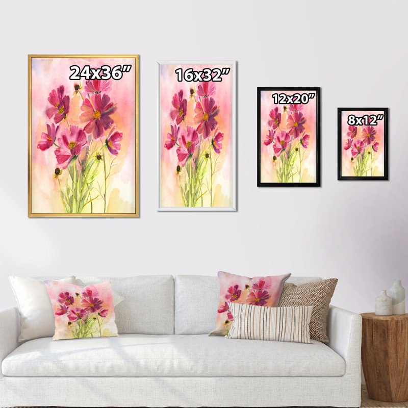 Cosmos fleurs roses - reproduction de cadre photo sur toile, H 20 po x l 12 po x P 1 po, Cadre flottant brun