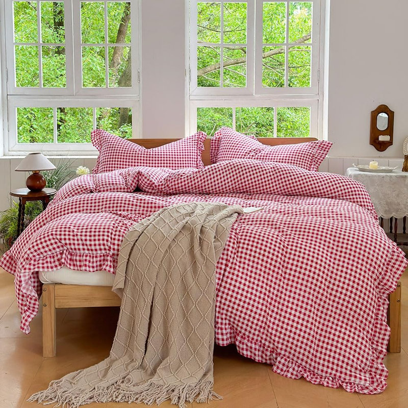 Ensemble de housse de couette à volants Gingham, ensemble de housse d'édredon à carreaux en microfibre prélavée, Vichy rouge