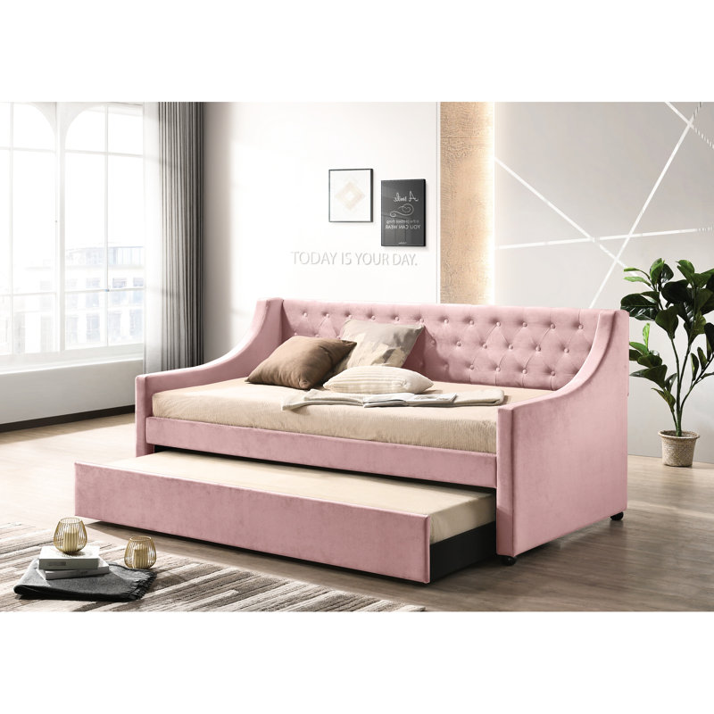 Twin Pink Velvet Daybed With Roll-out Trundle - Upholstered, Wooden Legs, Modern Stylish Design