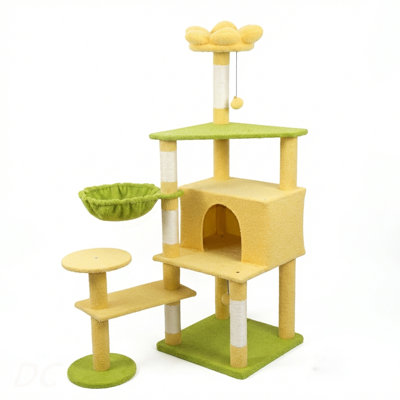 flower cat tree with large condo removable flower cushion and hammock yellow