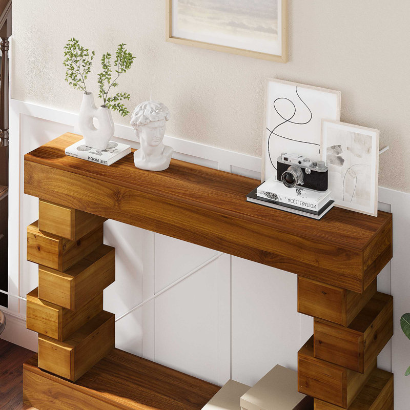 Geometric Block Stacked Wood Console Table