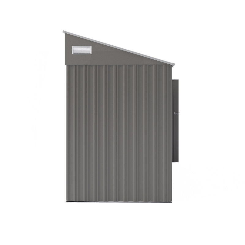 Remise de rangement imperméable en métal gris foncé de 4 * 8 pi avec une capacité de charge élevée, une porte latérale à charnière simple, une ventilation et un espace flexible pour les structures commerciales, la structure stable, la résistance aux fenêtres,