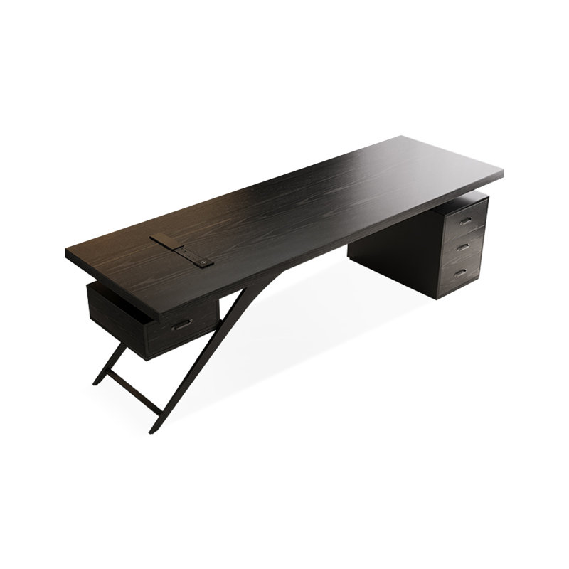 Bureau rectangulaire en bois massif noir avec 4 tiroirs, bureau