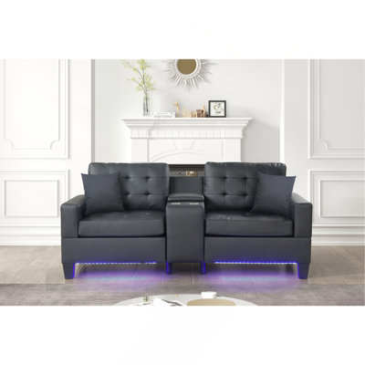 Sofa With LED Lights, USB Charger, Storage Console, Cupholders, Tufted Cushions