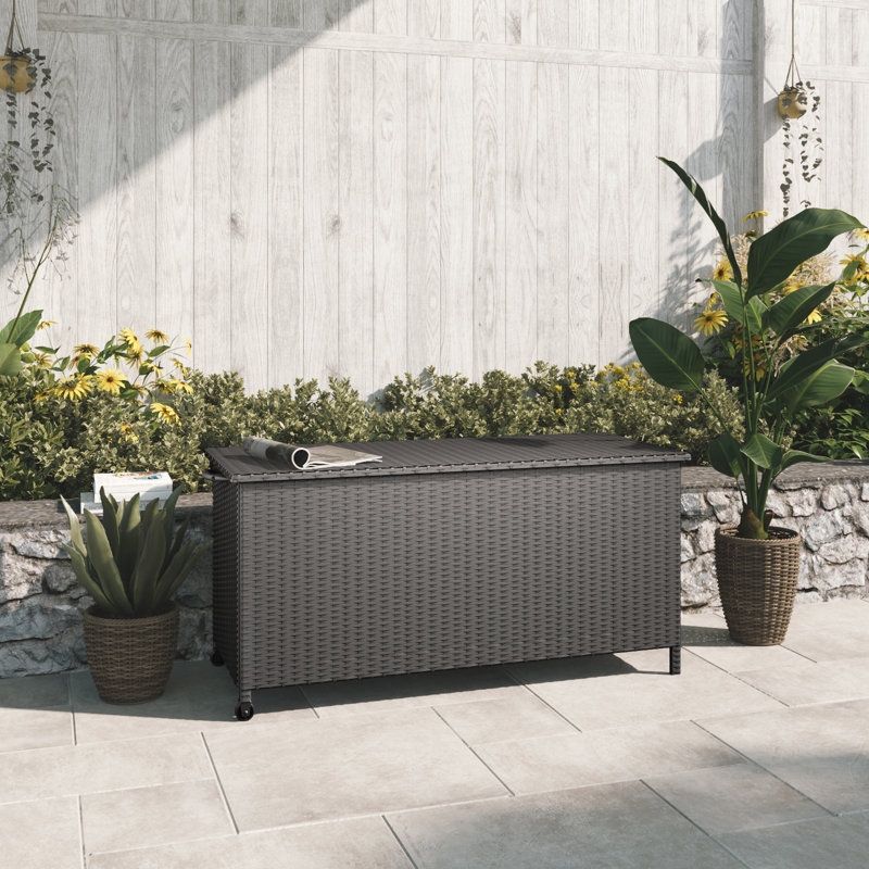 Blue Elephant 132.7cm W 408.8L Water Resistant Wicker Deck Box with Wheels, Black