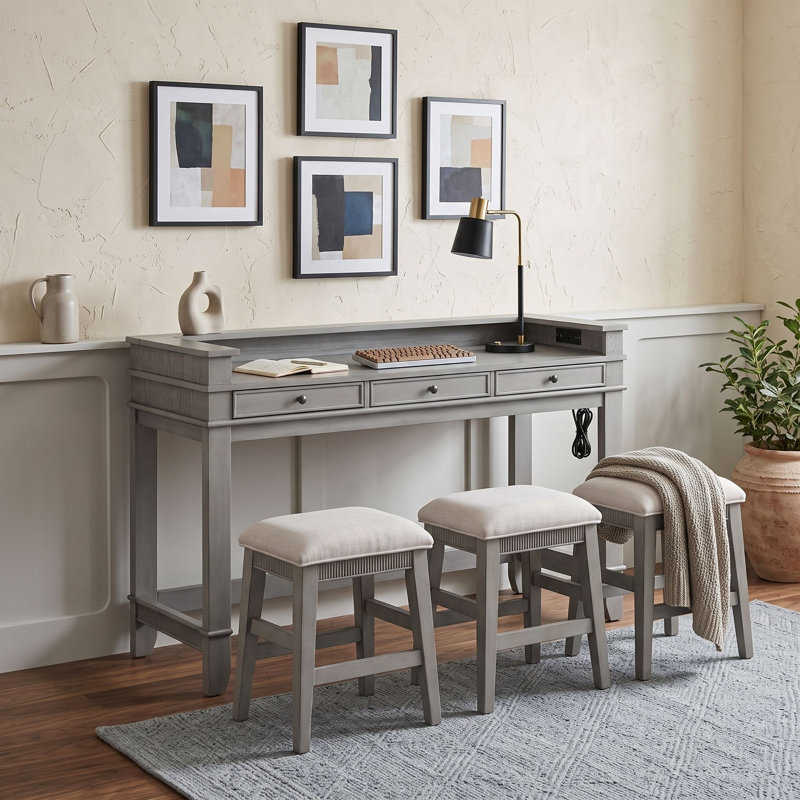 Ensemble de salle à manger quatre pièces avec trois tabourets rembourrés et tiroirs de rangement, Light Grey