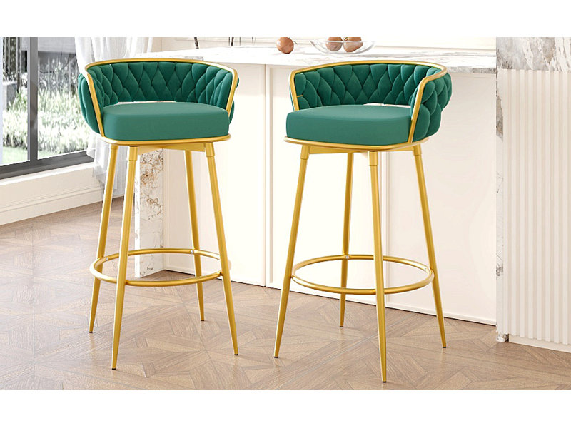 2Pcs Swivel Counter Height Bar Stools,31.5"Bar Height Stools With Hand-Woven Backrest & Gold Metal Legs,Low Back Upholstered Kitchen Chairs With Footrest