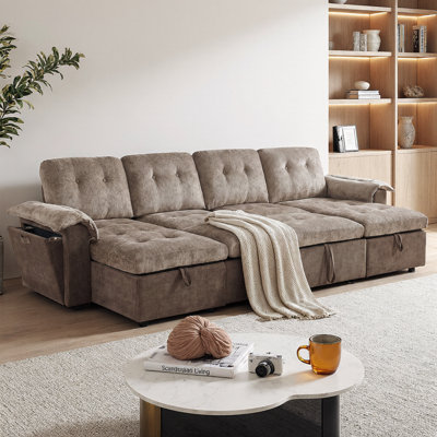 Canapé-lit modulaire en U de 108,8 po avec ports USB et porte-gobelet, canapé-lit convertible avec deux rangements, mobilier de salon en tissu d'ameublement en chenille, aucun sommier nécessaire