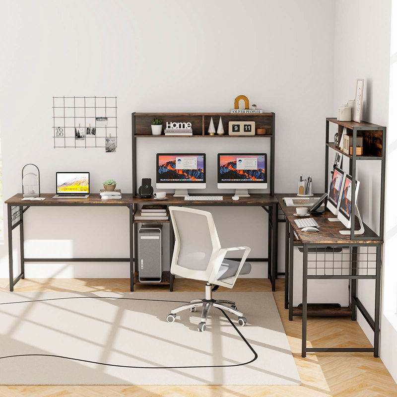 Magdali L-Shaped Metal Base Computer Desk, Brown