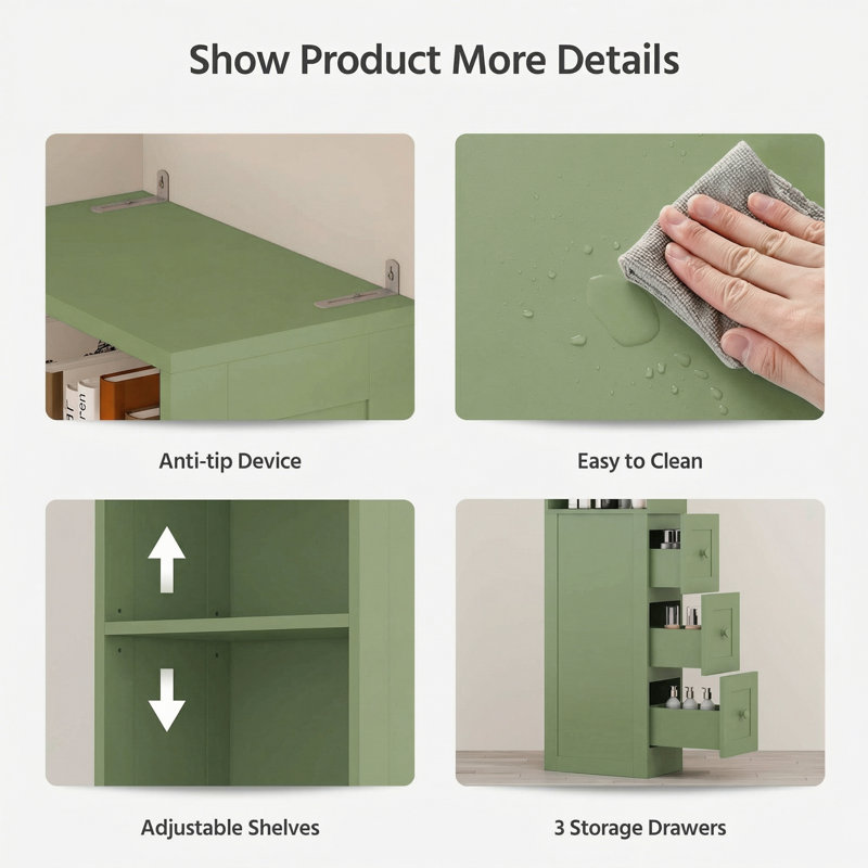 3-Shelf Tall Thin Bathroom Storage Cabinet