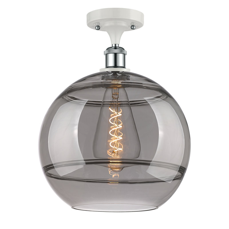 Plafonnier semi-encastré 1 lumière Ballston - Adrieanna, Chrome poli blanc, H 14,63 po x l 12 po x P 12 po, Gris fumée clair