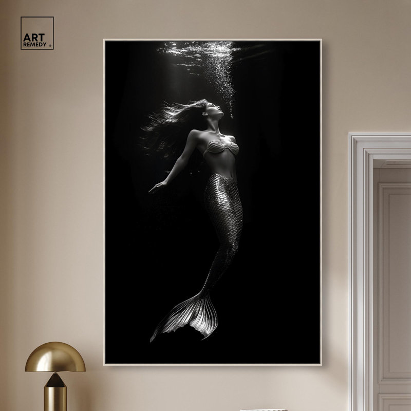 «Mermaid Deep Canvas» par Art Remedy, H 55 po x l 37 po, Cadre flottant, Argent