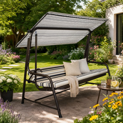 Balancelle-lit de patio SUNJOY Luxury Bronze 4 places en acier avec siège en maille métallique élastique, design convertible, coussins et auvent réglable