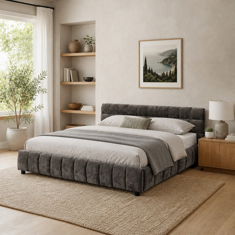 California King Upholstered Bed Frame with Chenille Fabric, Headboard and Drawer Storage, Dark Grey