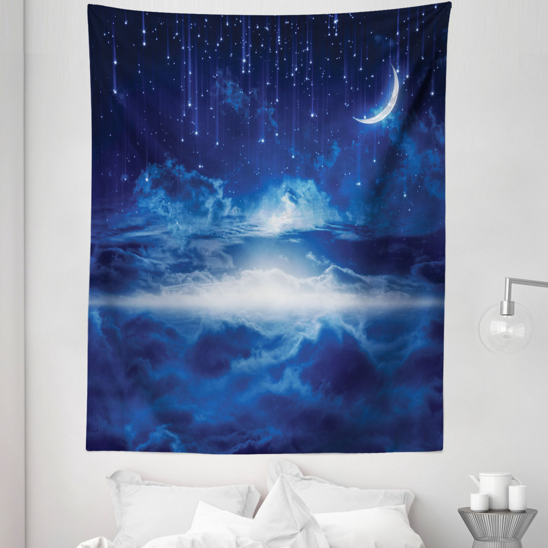 Night Sky with Moon Falling Stars Clouds Horizon Mysterious Space Art Tapestry
