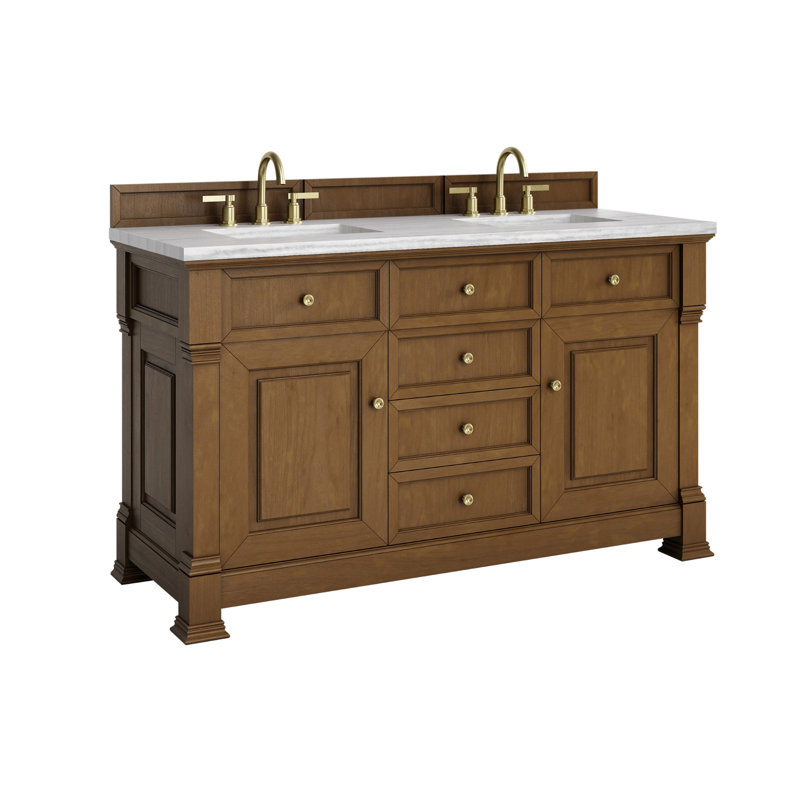 Brookfield 60'' W Double Vanity, Carrara White, Widespread, Honey Oak