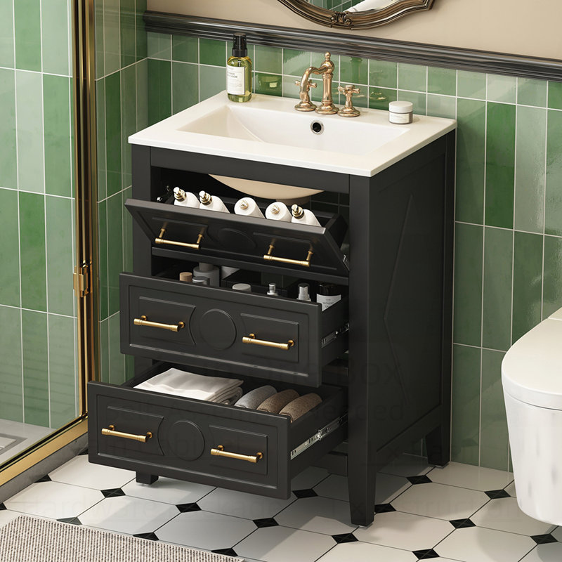 Meuble-lavabo de salle de bain avec lavabo en céramique, ensemble de rangement autoportant avec 3 tiroirs, cadre en bois massif