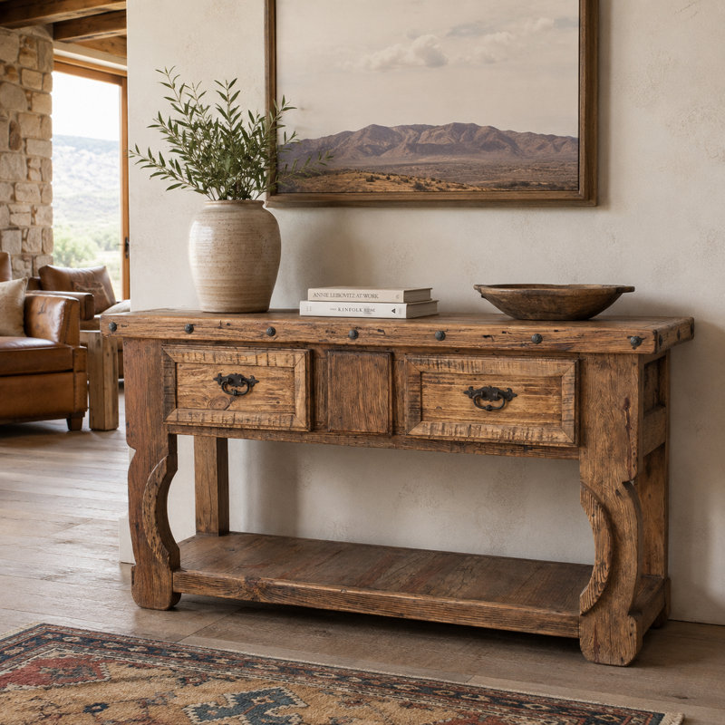Console rustique de style hacienda de 150 cm avec tiroirs et tablette inférieure