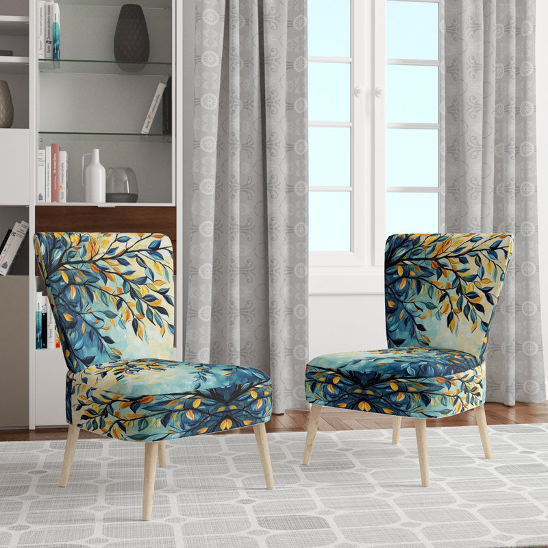 Chaise d'appoint Leaves - Chaise d'appoint branche d'été olive bleu et jaune, Side Chair Armless