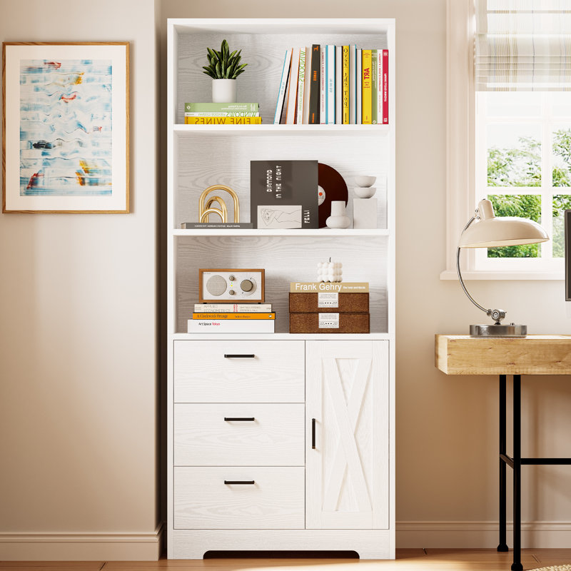 Modern Style 71" H Wooden White Bookshelf And Bookcase With Door And 3 Drawers,3-tier Open Display Shelves, White