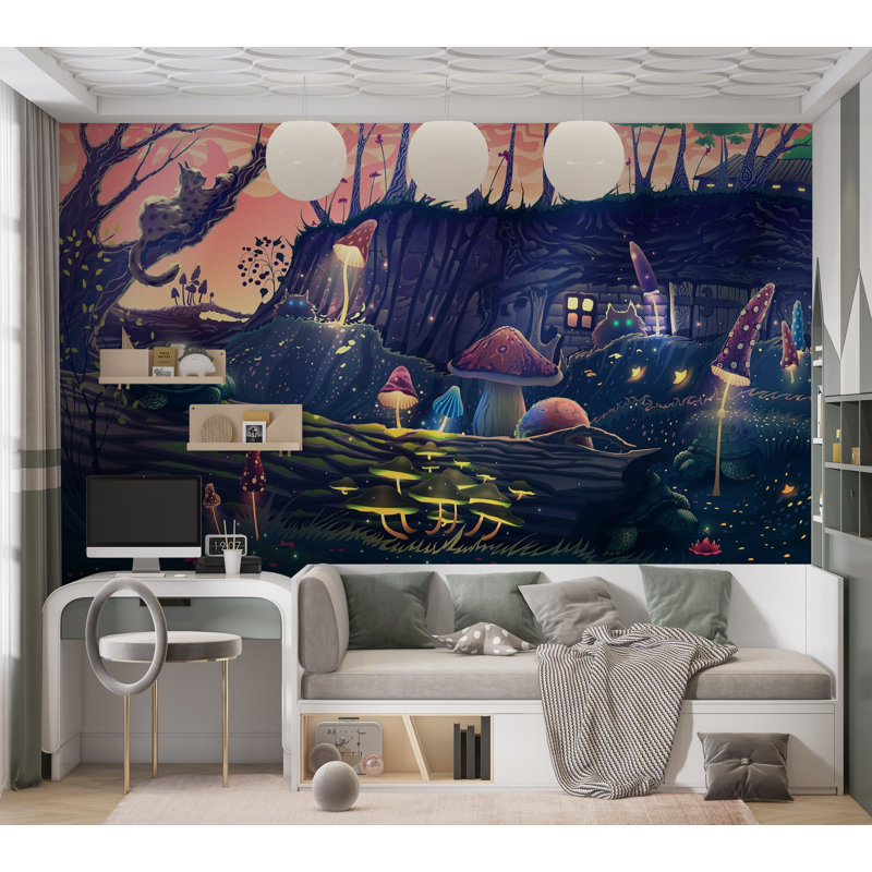 Murale pelez et collez de qualité supérieure - Fantaisie de forêt enchantée, L 96 po x l 120 po