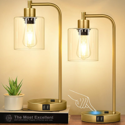 Ensemble de 2 lampes de table Industrial Touch avec 2 ports USB et prise de courant CA, lampe de chevet à intensité variable à 3 voies pour la chambre à coucher du salon, comprend un abat-jour en verre et 2 ampoules DEL