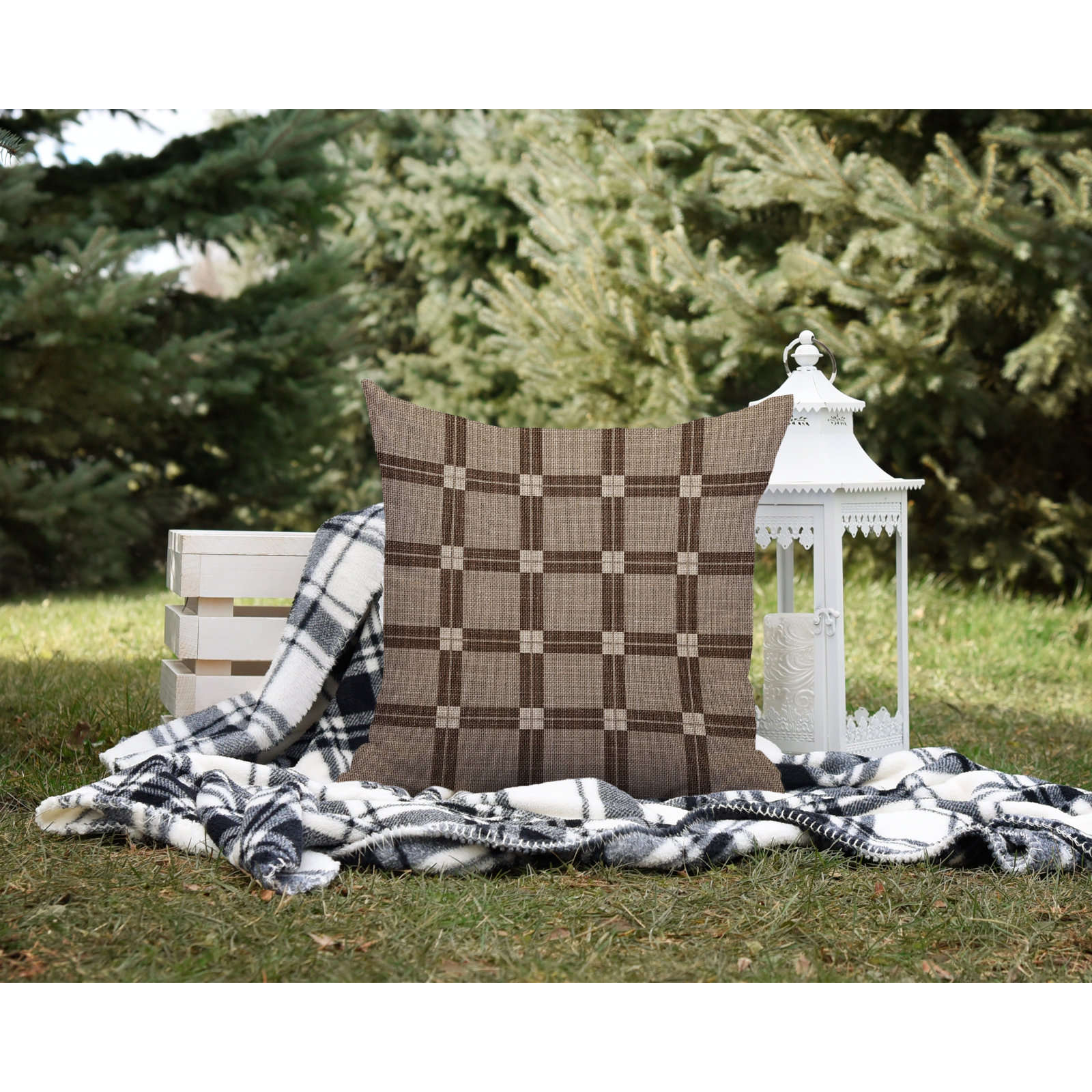 Plaid Spun Polyester Indoor/Outdoor Throw Pillow, 19" W x 19" H, Brown