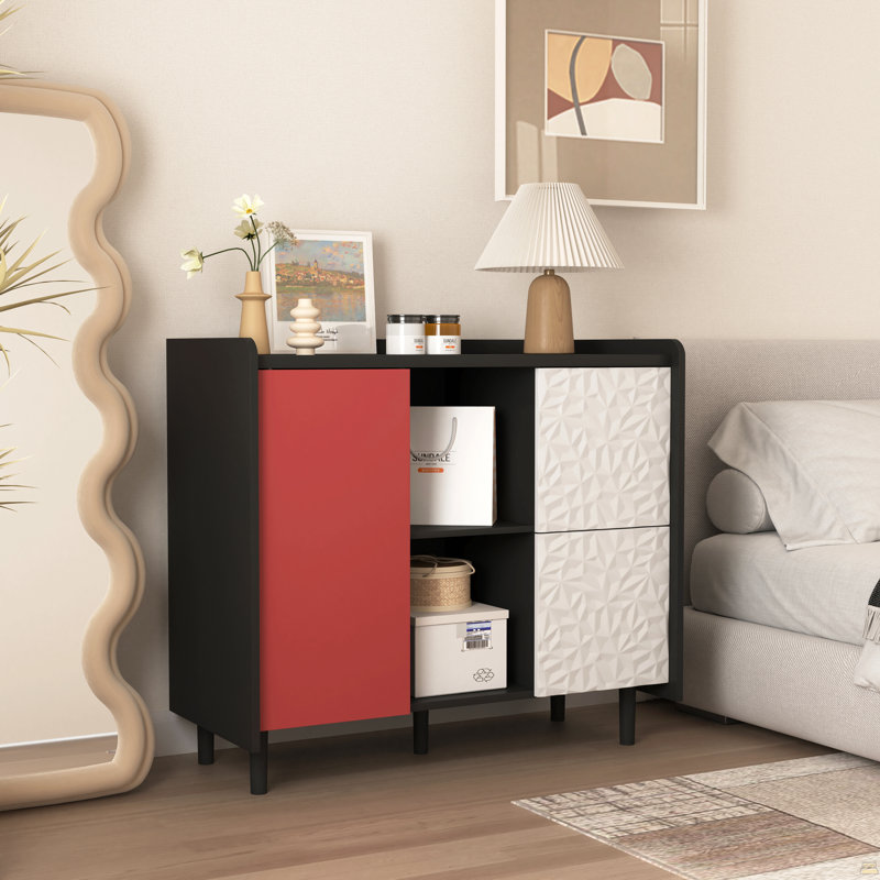 Buffet, armoire de rangement avec portes rouges et 2 tiroirs, Noir / Rouge