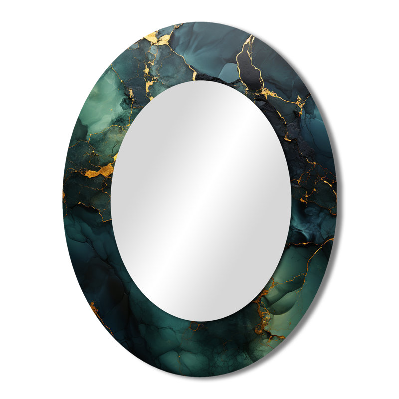 Gold And Green Abstract Marble Design III - Abstract Oval Decorative Mirror On Metal, 43" x 33"
