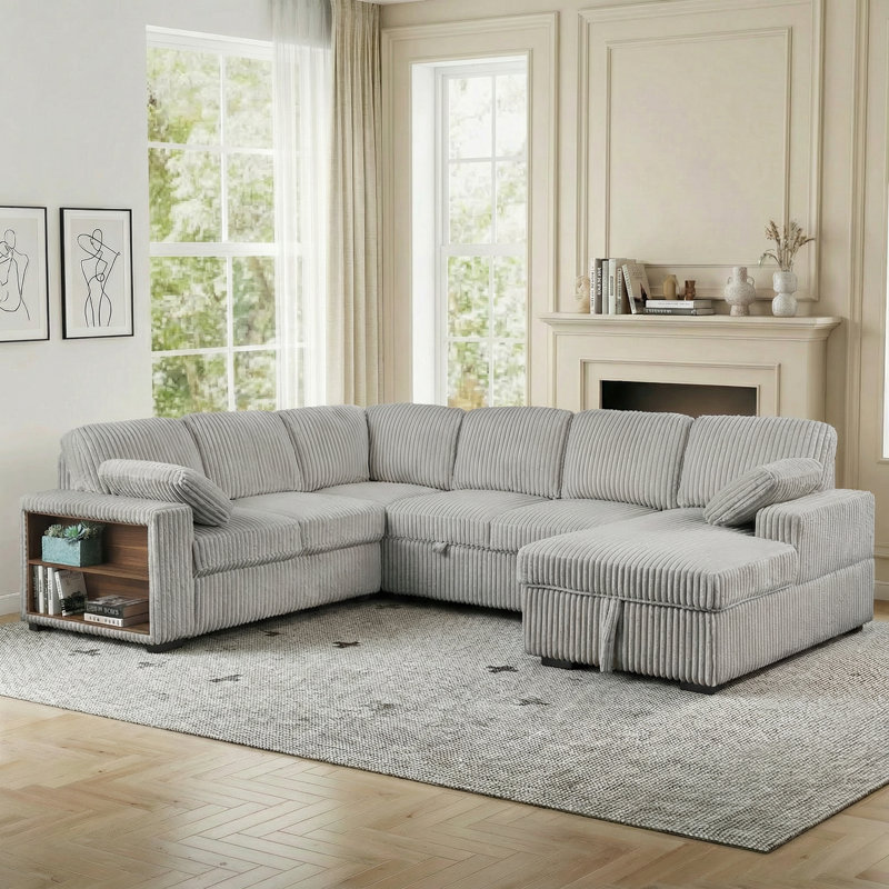 117" Modular Sectional Sofa With Storage Chaise, Pull-Out Bed, And Bookcase –  Corduroy Upholstery, Light Gray Corduroy