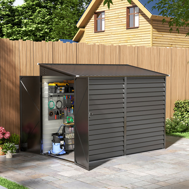 Charcoal Black Wall-Leaning Half-Slope Metal Tool Shed