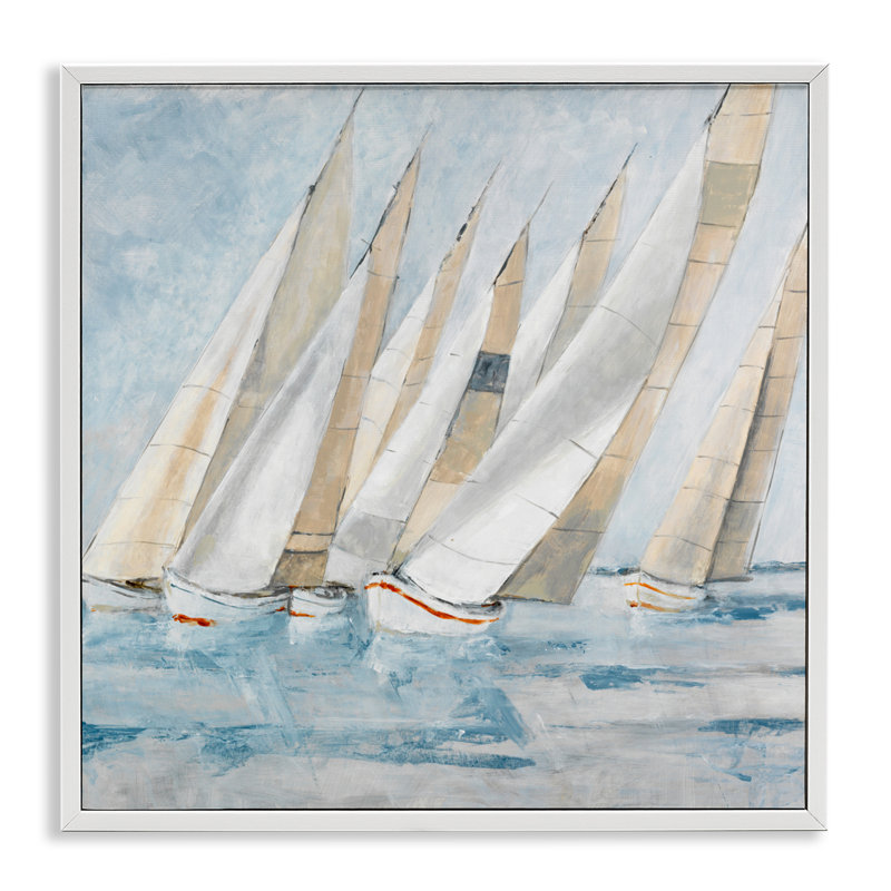 Voilier, régate côtière, scène giclée, design par Lorenzo Collective, H 17 po x l 17 po, Giclée encadrée blanc bord de mer