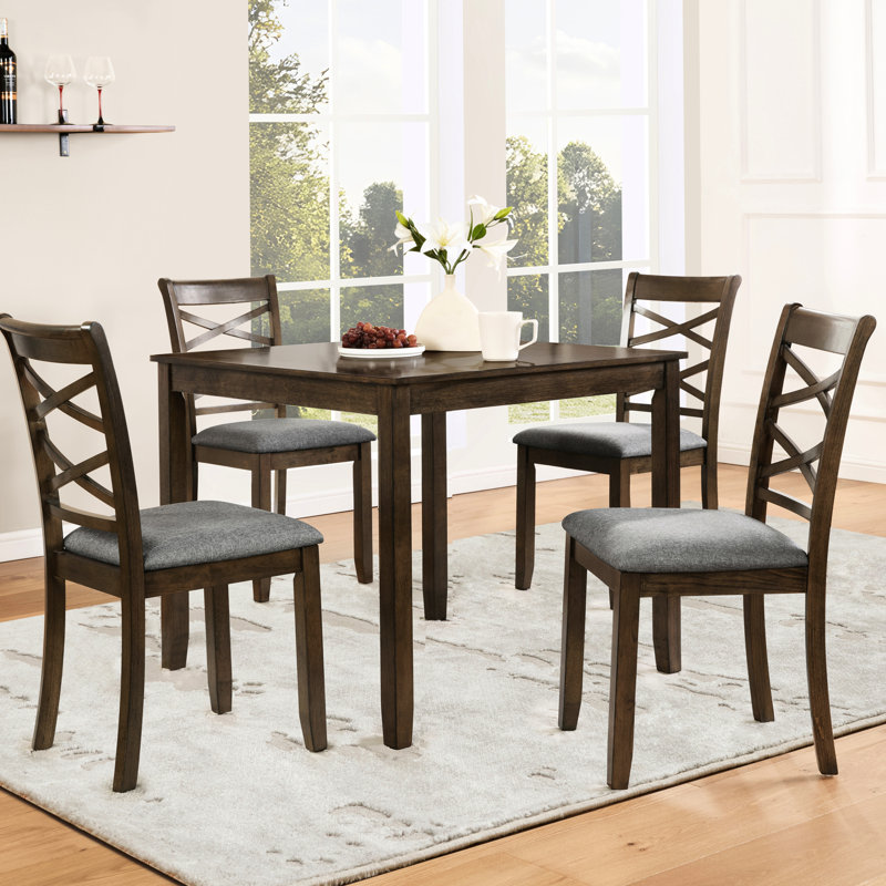 5 chaises en noyer pour la cuisine et la pièce, table carrée, chaises confortables rembourrées de mousse, table élégante et facile à nettoyer, 4 chaises avec pieds antidérapants de conception classique, structure stable à assembler