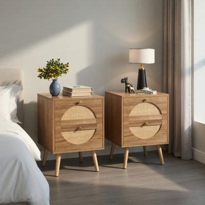 2-Pack Rattan Nightstands with 2 Drawers & Solid Pine Wood Legs, Boho Chic Bedside Tables for Bedroom, Living Room, or Office, Natural